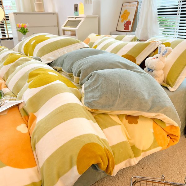 Nordic Striped Coral Fleece Duvet Cover Flannel Sheet Cover Three-piece Set - Image 9