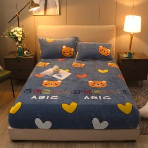 Flannel Cartoon Printed Fitted Sheet Single Piece Winter Thickened Warm Mattress Cover Non Slip Full Sheet