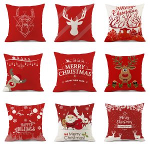 Christmas Elk Santa Claus Red Festive Printed Linen Cushion