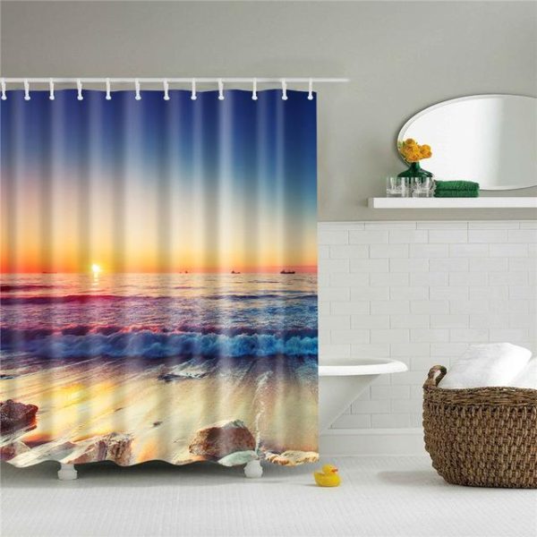 Shower Curtain Set 3D Sea View Beach Digital Printing Shower Curtain Waterproof Polyester