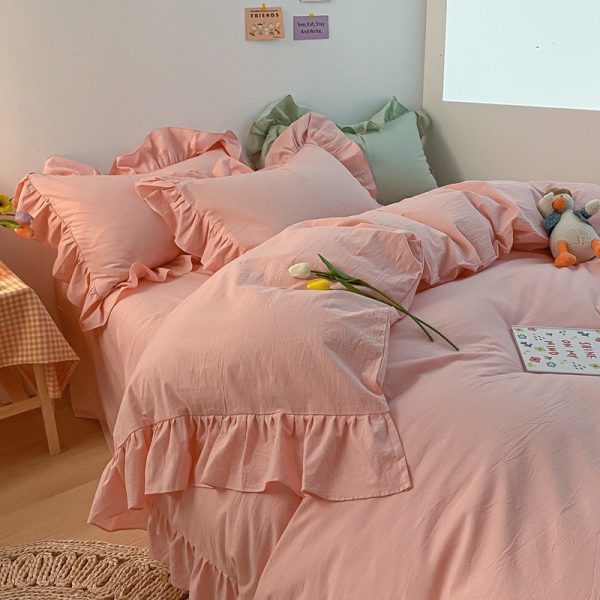 Ins Simple All Cotton Washed Cotton 4-Piece Set Of Cream Color Korean Lace Quilt Cover Sheet Pure Cotton Bedding - Image 5