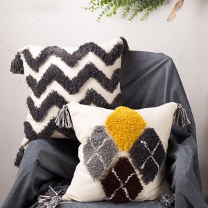 Tufted Embroidered Gray And Black Square Pillow, Decorative Cushion With Core, Bedside Waist Pad