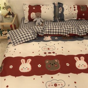 Cartoon Brushed Washed Cotton Net Red Bed Sheet Duvet Cover