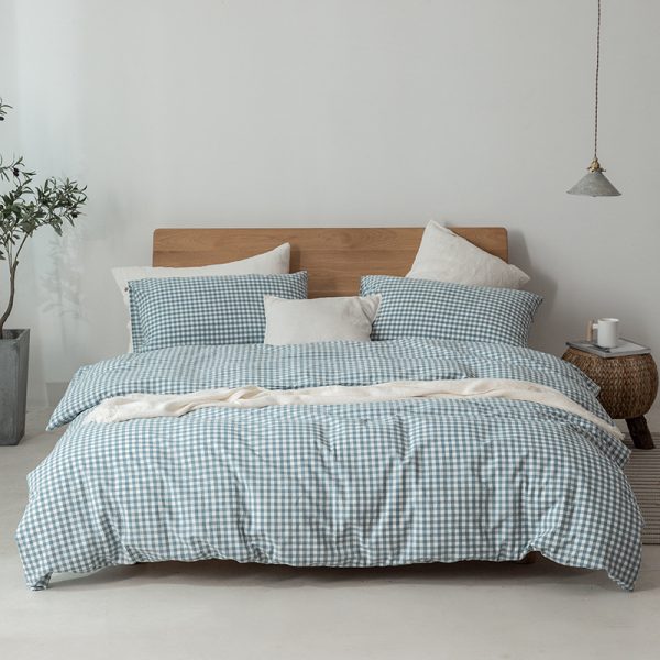 Japanese Style Muji-style Bed And Breakfast Pure Color Lattice Single And Double Duvet Cover Bed Sheet - Image 11