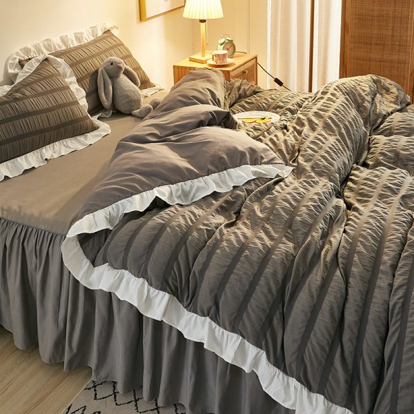 Princess Style Four-piece White Seersucker Lace Bed Sheet Duvet Cover Washed Cotton Bed Skirt Solid Color Three-piece Suit - Image 4