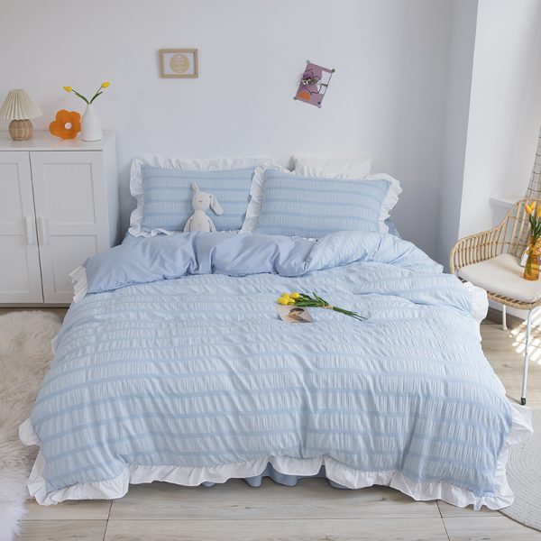 Princess Style Four-piece White Seersucker Lace Bed Sheet Duvet Cover Washed Cotton Bed Skirt Solid Color Three-piece Suit - Image 2