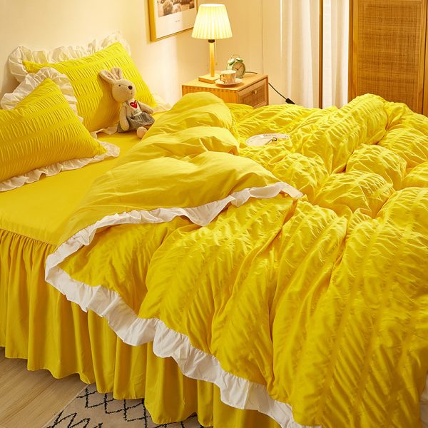 Princess Style Four-piece White Seersucker Lace Bed Sheet Duvet Cover Washed Cotton Bed Skirt Solid Color Three-piece Suit - Image 7