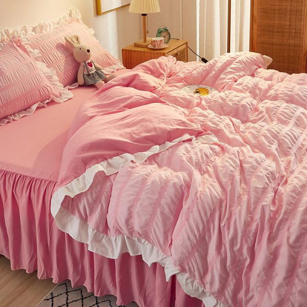 Princess Style Four-piece White Seersucker Lace Bed Sheet Duvet Cover Washed Cotton Bed Skirt Solid Color Three-piece Suit - Image 12