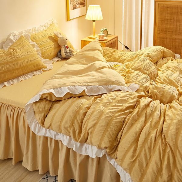 Princess Style Four-piece White Seersucker Lace Bed Sheet Duvet Cover Washed Cotton Bed Skirt Solid Color Three-piece Suit - Image 10