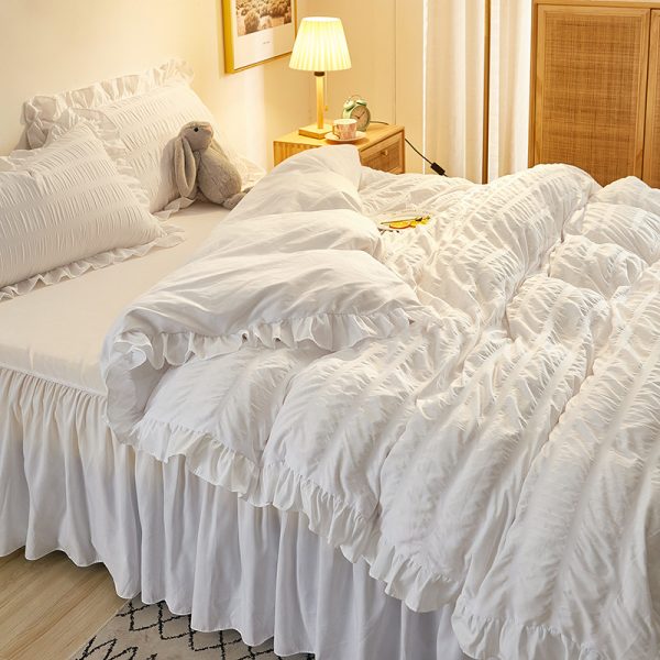 Princess Style Four-piece White Seersucker Lace Bed Sheet Duvet Cover Washed Cotton Bed Skirt Solid Color Three-piece Suit - Image 8