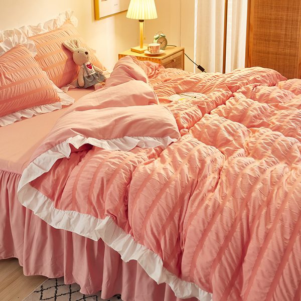 Princess Style Four-piece White Seersucker Lace Bed Sheet Duvet Cover Washed Cotton Bed Skirt Solid Color Three-piece Suit - Image 11