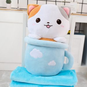 Cute teacup cat cuddly toy triple pillow