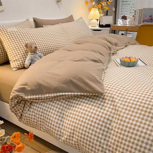 Pure Color Washed Cotton Four-piece Set Of Plaid Striped Sheets Quilt Cover Bedding - Image 13