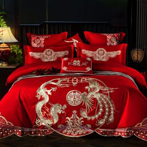 Red Wedding Four-piece Set Wholesale Cotton Wedding Embroidery Bedding Pure Cotton Marriage Bed Xi Quilt Cover Dragon And Phoenix