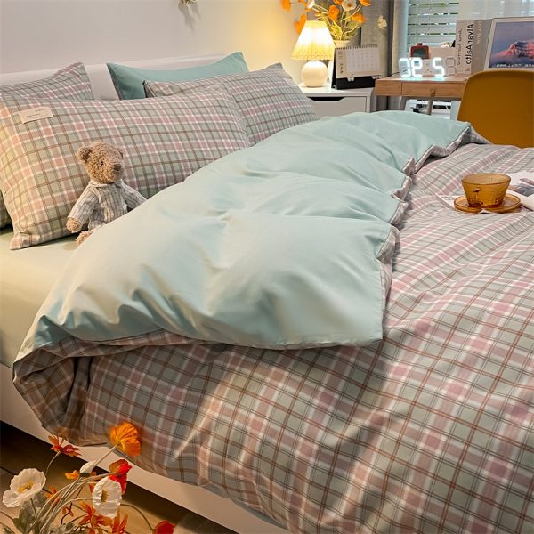 Pure Color Washed Cotton Four-piece Set Of Plaid Striped Sheets Quilt Cover Bedding - Image 20