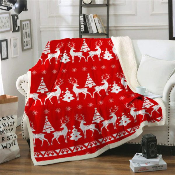 Plaid Red And White Deer And Fir Blanket With Christmas Design