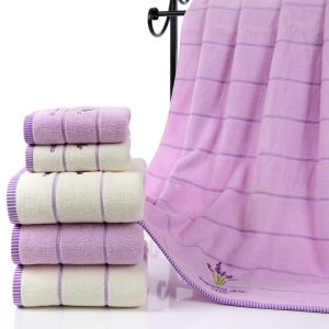 Lavender Soft Absorbent Embroidered Striped Bath Towel