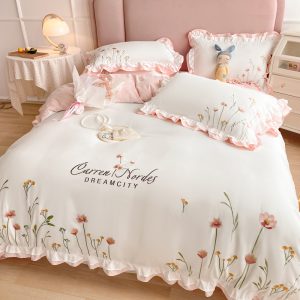 Four-piece Embroidered Quilt Cover For Washed Cotton Bed