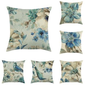 Blue style oil painting bird and flower pillow