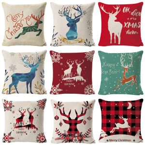 Christmas Elk Printing Linen Pillow Cover