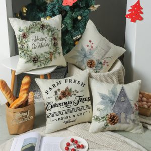 Simple Linen Printed Watercolor Christmas Pillow Cover