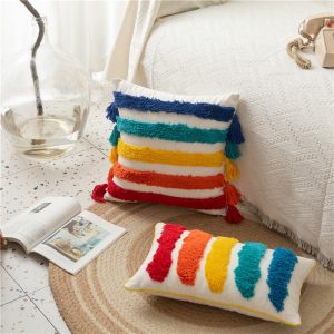 Bag Haircut Moroccan Style Cotton Canvas Tufted Rainbow Geometric Stripe Pillowcase Model Home Sofa Cushion Cover